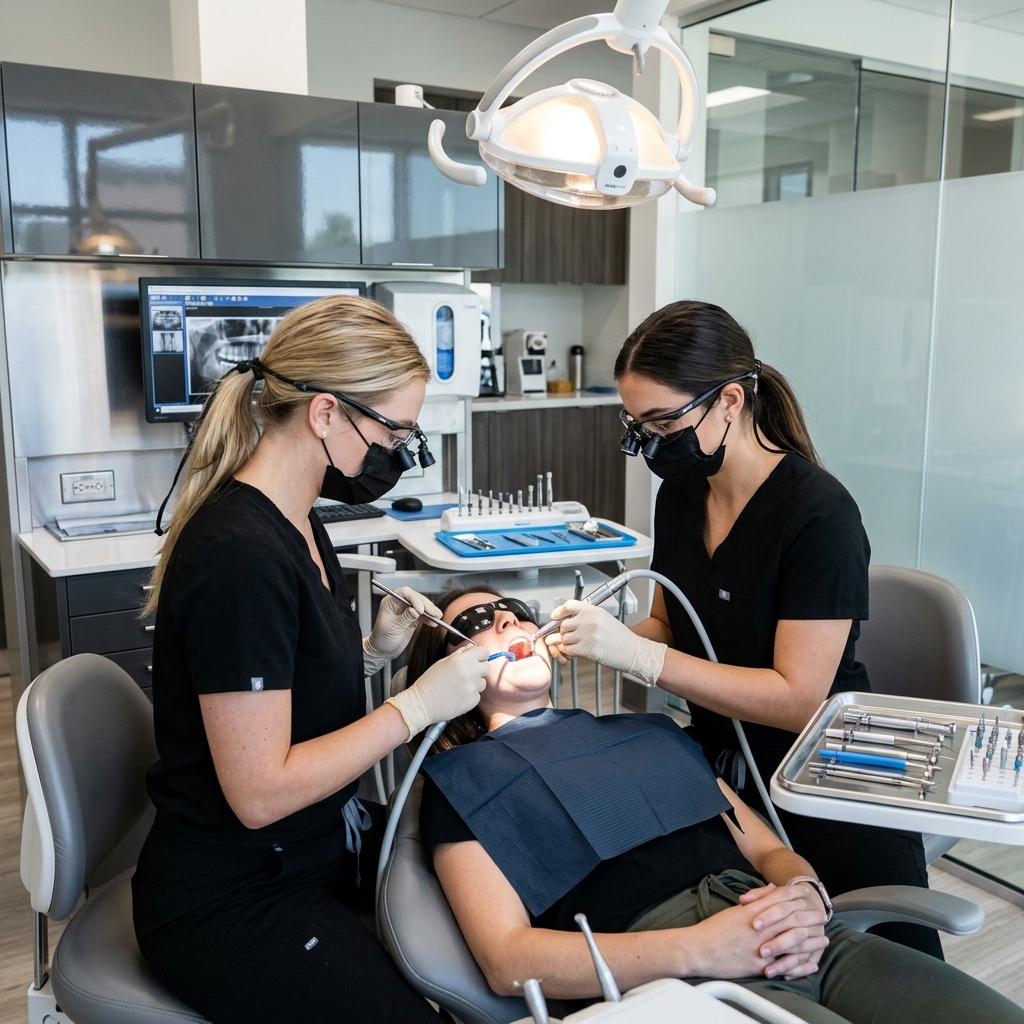 Dental students performing hands-on clinical procedures on a patient in a sterile, state-of-the-art dental clinic